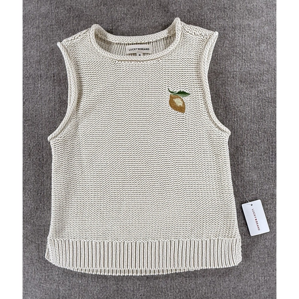 Lucky Brand Knit Sweater Vest Lemon Embroidered Cream‎ Cotton XS NWT
